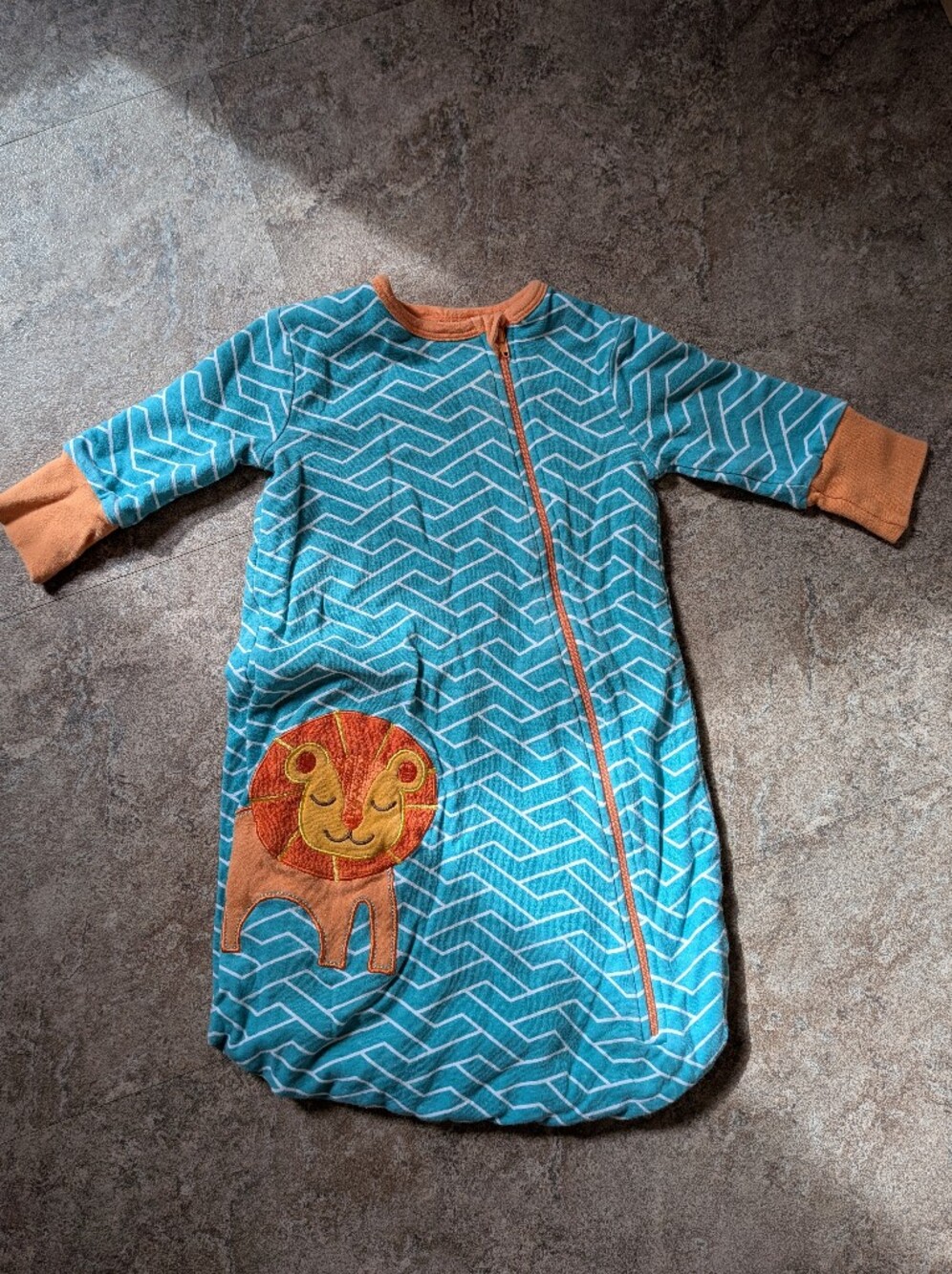 0-3 Month Blue Stripe Lion Sleep Sack Pajamas with Orange Trim